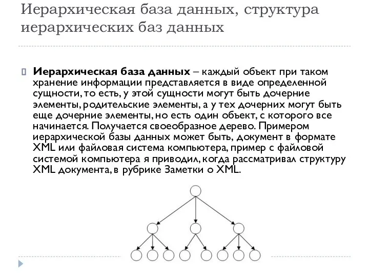 Иерархическая база данных, структура иерархических баз данных Иерархическая база данных –