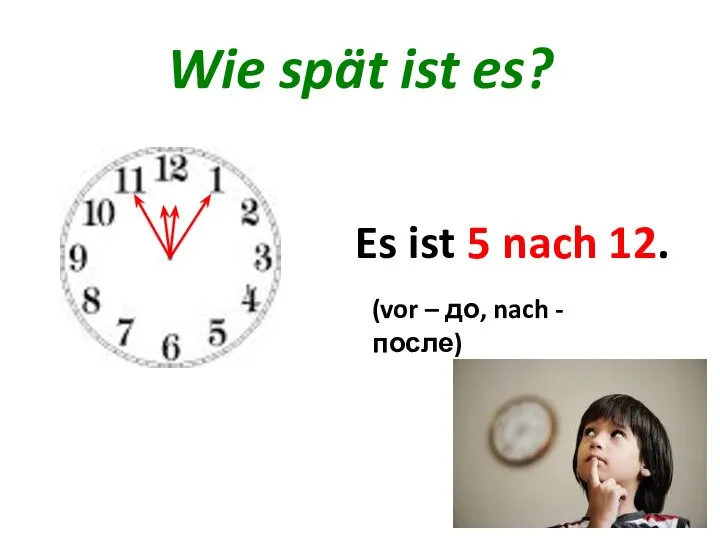 Wie spät ist es? Es ist ... . 5 vor 12.