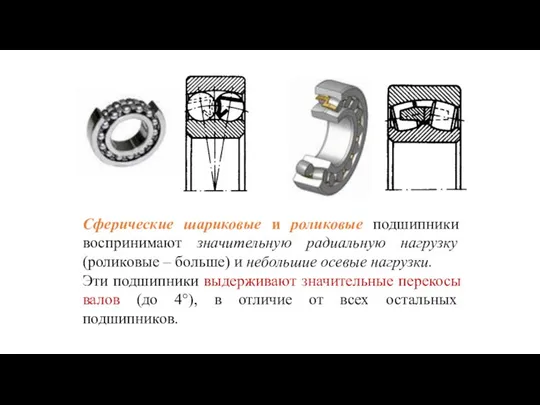 Сферические шариковые и роликовые подшипники воспринимают значительную радиальную нагрузку (роликовые –