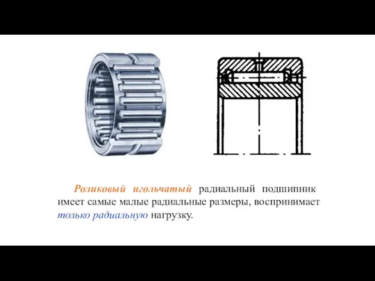 Роликовый игольчатый радиальный подшипник имеет самые малые радиальные размеры, воспринимает только радиальную нагрузку.