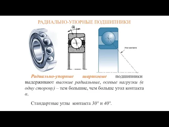 РАДИАЛЬНО-УПОРНЫЕ ПОДШИПНИКИ Радиально-упорные шариковые подшипники выдерживают высокие радиальные, осевые нагрузки (в