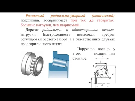 Роликовый радиально-упорный (конический) подшипник воспринимает при тех же габаритах большие нагрузки,