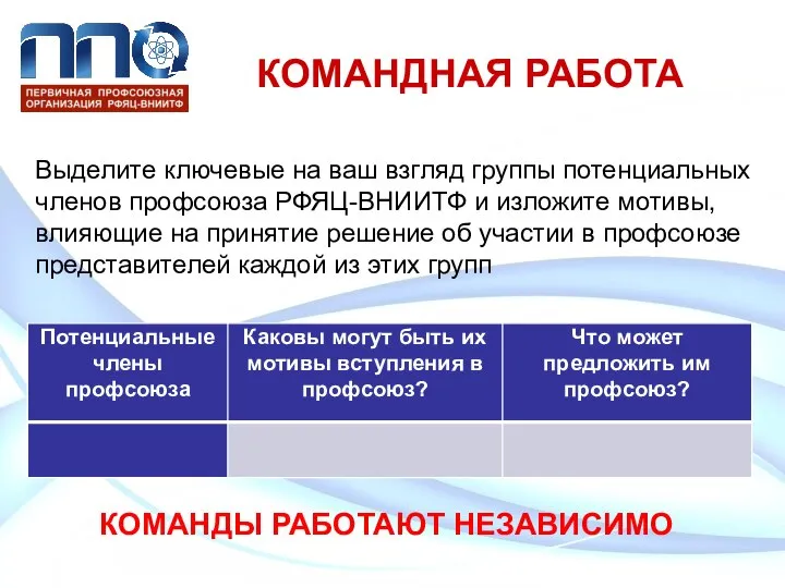 КОМАНДНАЯ РАБОТА Выделите ключевые на ваш взгляд группы потенциальных членов профсоюза