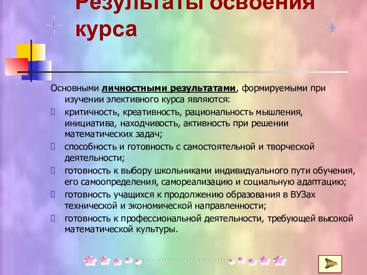 Результаты освоения курса Основными личностными результатами, формируемыми при изучении элективного курса