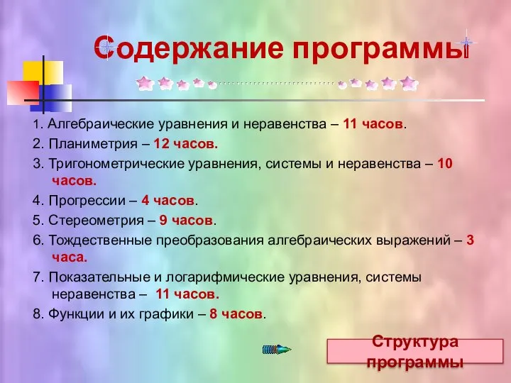 Содержание программы 1. Алгебраические уравнения и неравенства – 11 часов. 2.