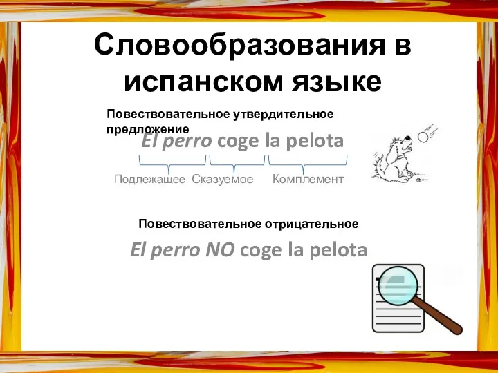 Словообразования в испанском языке El perro coge la pelota Подлежащее Сказуемое