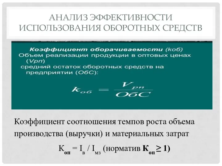 АНАЛИЗ ЭФФЕКТИВНОСТИ ИСПОЛЬЗОВАНИЯ ОБОРОТНЫХ СРЕДСТВ Коэффициент соотношения темпов роста объема производства