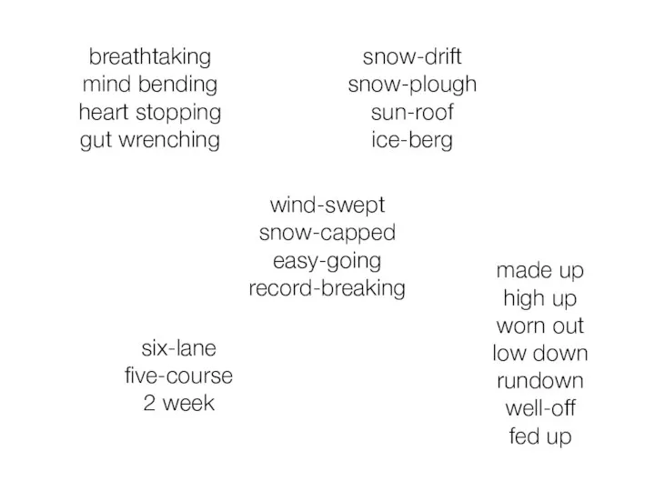 wind-swept snow-capped easy-going record-breaking snow-drift snow-plough sun-roof ice-berg six-lane five-course 2