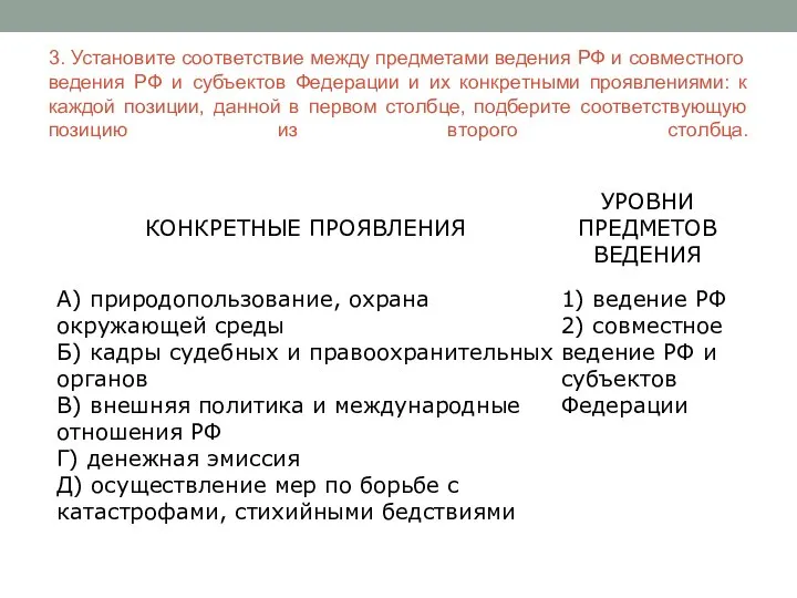 3. Установите соответствие между предметами ведения РФ и совместного ведения РФ