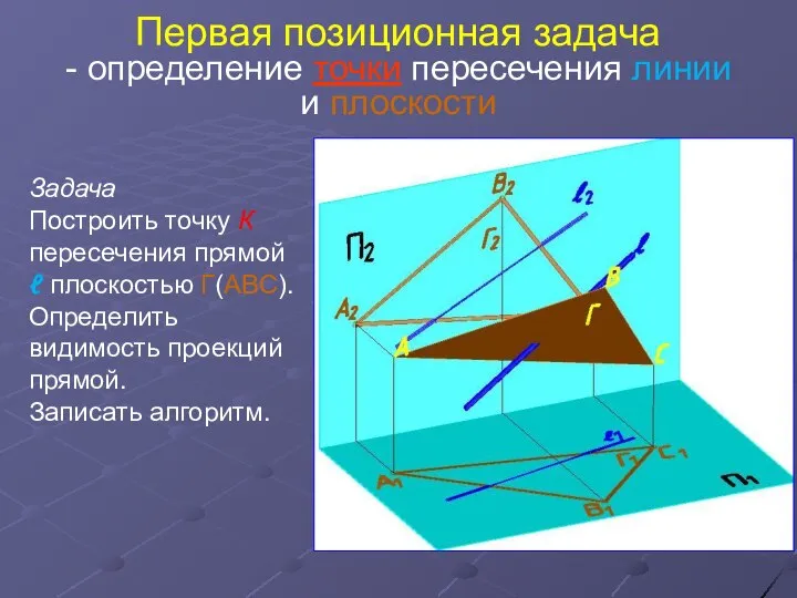 Первая позиционная задача - определение точки пересечения линии и плоскости Задача