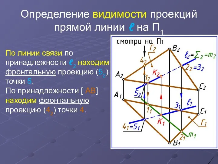 Определение видимости проекций прямой линии ℓ на П1 По линии связи