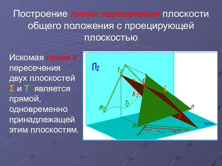 Построение линии пересечения плоскости общего положения с проецирующей плоскостью Искомая линия