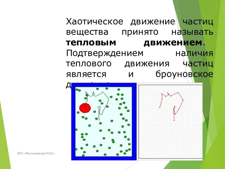 МОУ «Муслюмовская ООШ» Хаотическое движение частиц вещества принято называть тепловым движением.