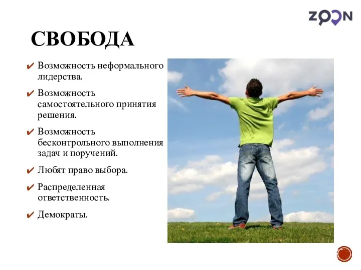 СВОБОДА Возможность неформального лидерства. Возможность самостоятельного принятия решения. Возможность бесконтрольного выполнения