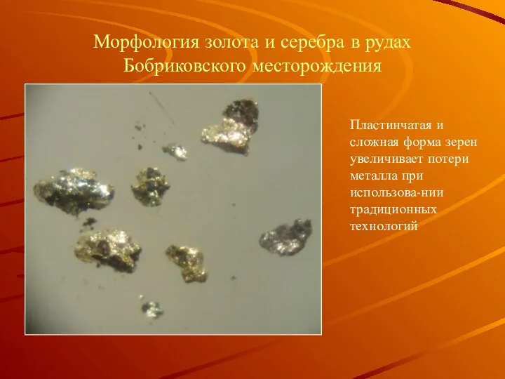 Морфология золота и серебра в рудах Бобриковского месторождения Пластинчатая и сложная