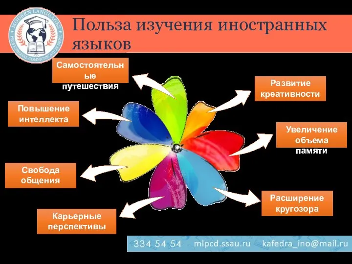 Польза изучения иностранных языков Развитие креативности Увеличение объема памяти Расширение кругозора