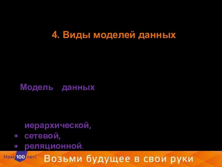 4. Виды моделей данных Ядром любой базы является модель данных. Модель