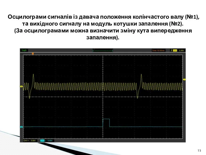 Осцилограми сигналів із давача положення колінчастого валу (№1), та вихідного сигналу