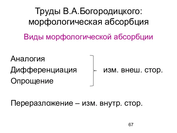 Труды В.А.Богородицкого: морфологическая абсорбция Виды морфологической абсорбции Аналогия Дифференциация изм. внеш.