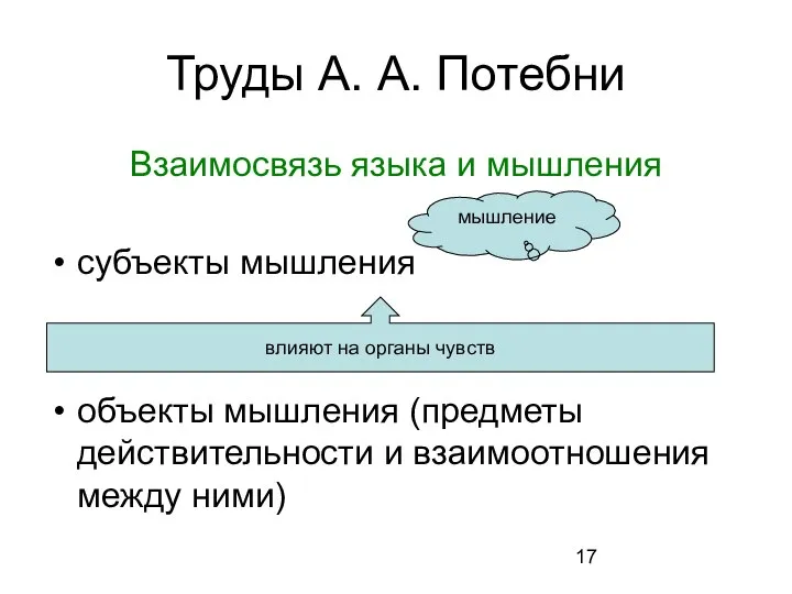 Труды А. А. Потебни Взаимосвязь языка и мышления субъекты мышления объекты