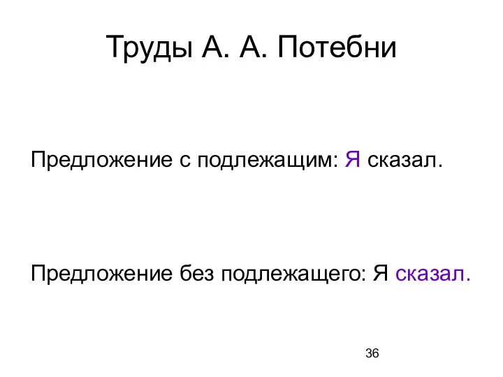 Труды А. А. Потебни Предложение с подлежащим: Я сказал. Предложение без подлежащего: Я сказал.