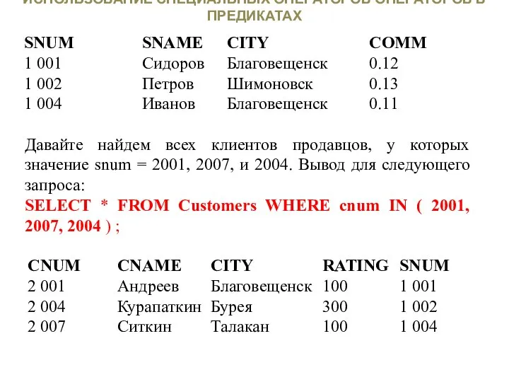 ИСПОЛЬЗОВАНИЕ СПЕЦИАЛЬНЫХ ОПЕРАТОРОВ ОПЕРАТОРОВ В ПРЕДИКАТАХ Давайте найдем всех клиентов продавцов,