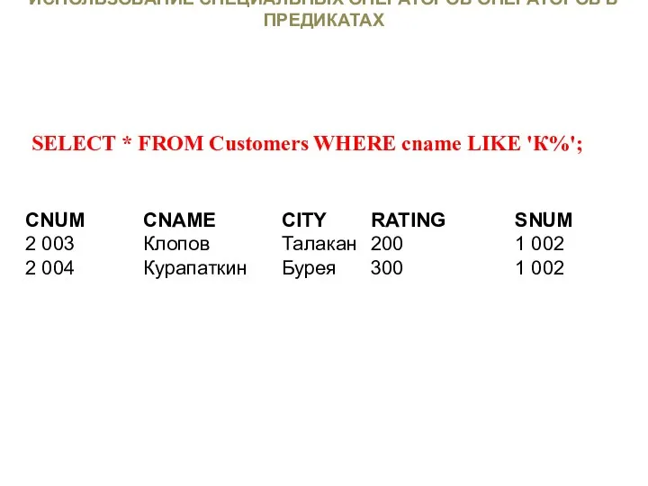 ИСПОЛЬЗОВАНИЕ СПЕЦИАЛЬНЫХ ОПЕРАТОРОВ ОПЕРАТОРОВ В ПРЕДИКАТАХ SELECT * FROM Customers WHERE cname LIKE 'К%';