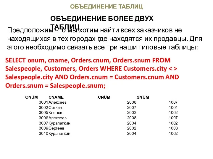 ОБЪЕДИНЕНИЕ ТАБЛИЦ ОБЪЕДИНЕНИЕ БОЛЕЕ ДВУХ ТАБЛИЦ SELECT onum, cname, Orders.cnum, Orders.snum