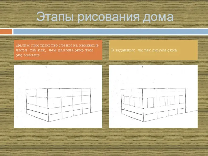 Этапы рисования дома Делим пространство стены на неравные части, так как,