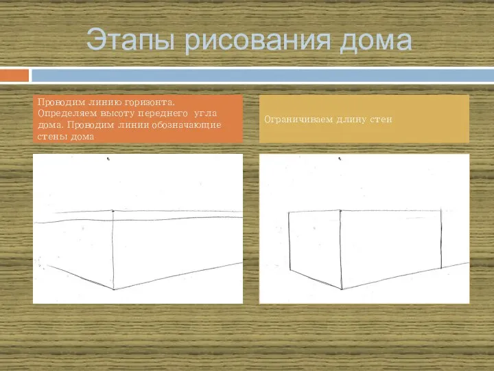 Этапы рисования дома Проводим линию горизонта. Определяем высоту переднего угла дома.