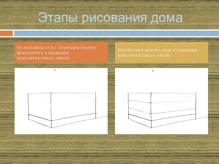 Этапы рисования дома На переднем углу отмечаем высоту фундамента и проводим