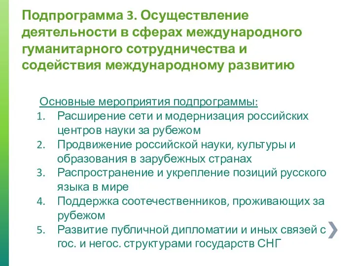 Подпрограмма 3. Осуществление деятельности в сферах международного гуманитарного сотрудничества и содействия