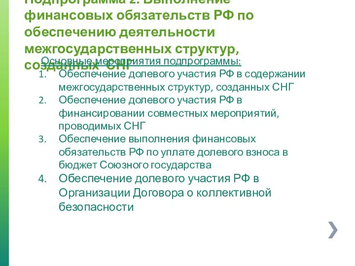 Подпрограмма 2. Выполнение финансовых обязательств РФ по обеспечению деятельности межгосударственных структур,