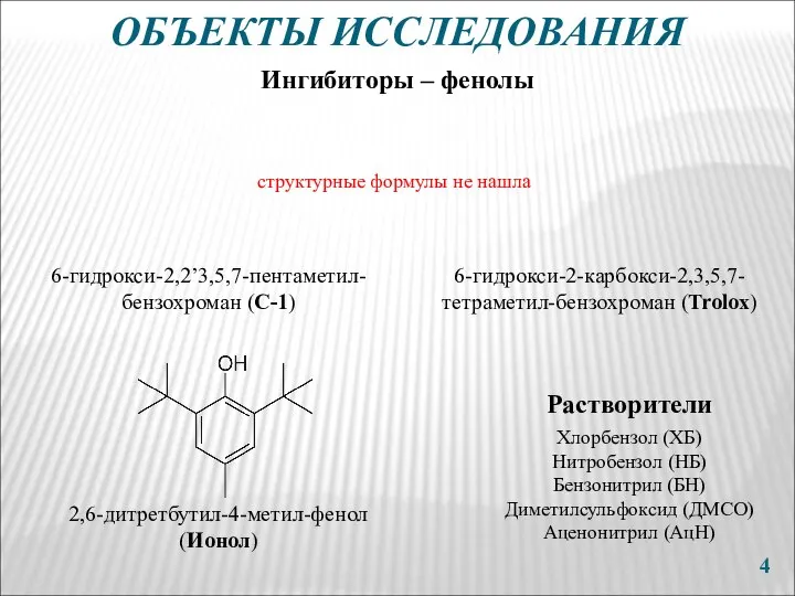 ОБЪЕКТЫ ИССЛЕДОВАНИЯ 6-гидрокси-2-карбокси-2,3,5,7-тетраметил-бензохроман (Trolox) 6-гидрокси-2,2’3,5,7-пентаметил-бензохроман (С-1) 2,6-дитретбутил-4-метил-фенол (Ионол) Ингибиторы – фенолы