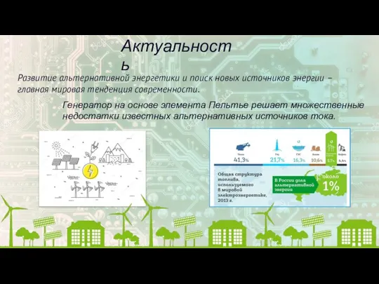 Актуальность Генератор на основе элемента Пельтье решает множественные недостатки известных альтернативных