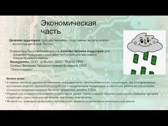 Экономическая часть Целевая аудитория: путешественники, спортсмены, жители северо-восточных регионов России. Генераторы