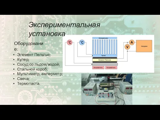 Элемент Пельтье; Кулер; Сосуд со льдом/водой; Стальной короб; Мультиметр, амперметр; Свеча; Термопаста. Экспериментальная установка Оборудование: