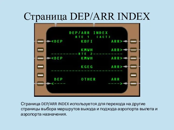 Страница DEP/ARR INDEX Страница DEP/ARR INDEX используется для перехода на другие