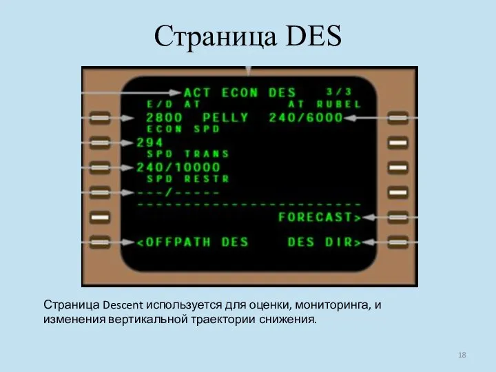 Страница DES Страница Descent используется для оценки, мониторинга, и изменения вертикальной траектории снижения.