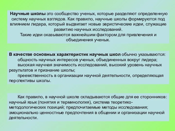 Как правило, в научной школе складываются общие для ее сторонников: научный