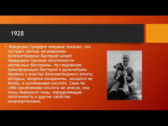 1928 Фредерик Гриффит впервые показал, что экстракт убитых нагреванием болезнетворных бактерий