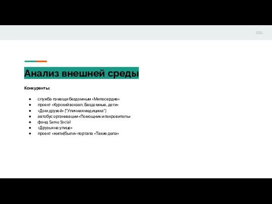 Анализ внешней среды Конкуренты: служба помощи бездомным «Милосердие» проект «Курский вокзал.