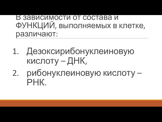 В зависимости от состава и ФУНКЦИЙ, выполняемых в клетке, различают: Дезоксирибонуклеиновую