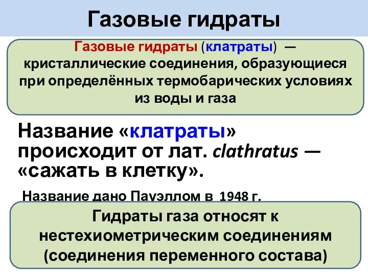 Газовые гидраты Название «клатраты» происходит от лат. clathratus — «сажать в