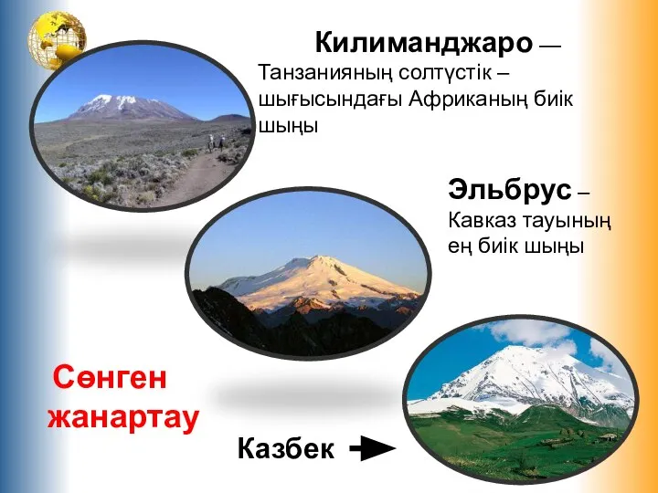 Килиманджаро — Танзанияның солтүстік – шығысындағы Африканың биік шыңы Эльбрус –