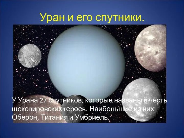 Уран и его спутники. У Урана 27 спутников, которые названы в