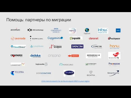 Помощь: партнеры по миграции Click here to search for an Azure expert MSP in your region