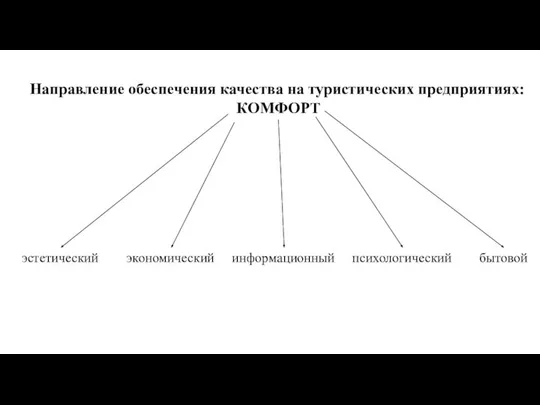 Направление обеспечения качества на туристических предприятиях: КОМФОРТ информационный экономический эстетический бытовой психологический