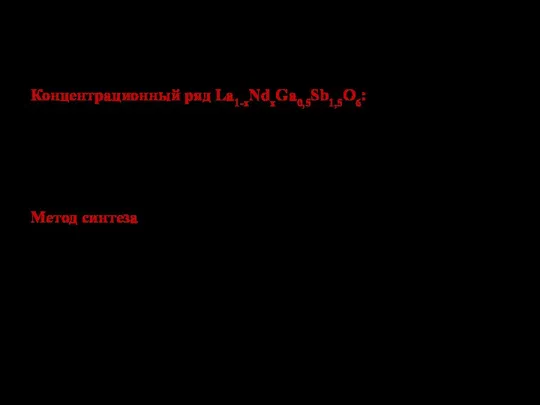 ОБЪЕКТЫ ИССЛЕДОВАНИЯ Концентрационный ряд La1-xNdxGa0,5Sb1,5O6: La0,99Nd0,01Ga0,5Sb1,5O6, La0,97Nd0,03Ga0,5Sb1,5O6, La0,93Nd0,07Ga0,5Sb1,5O6, La0,9Nd0,1Ga0,5Sb1,5O6, La0,85Nd0,15Ga0,5Sb1,5O6. Метод