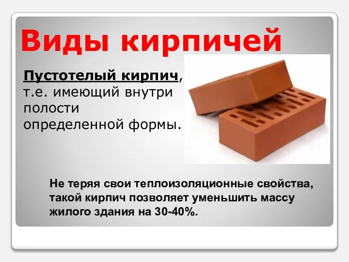 Виды кирпичей Пустотелый кирпич, т.е. имеющий внутри полости определенной формы. Не